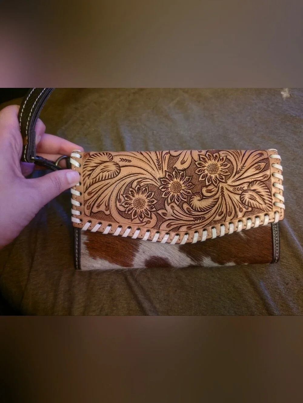 Hand-Tooled Floral Leather & Cowhide Clutch Wallet